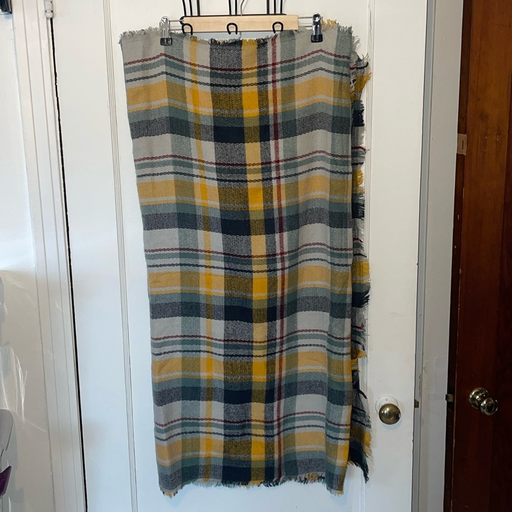 Modcloth large plaid blanket scarf wool blend with fringe